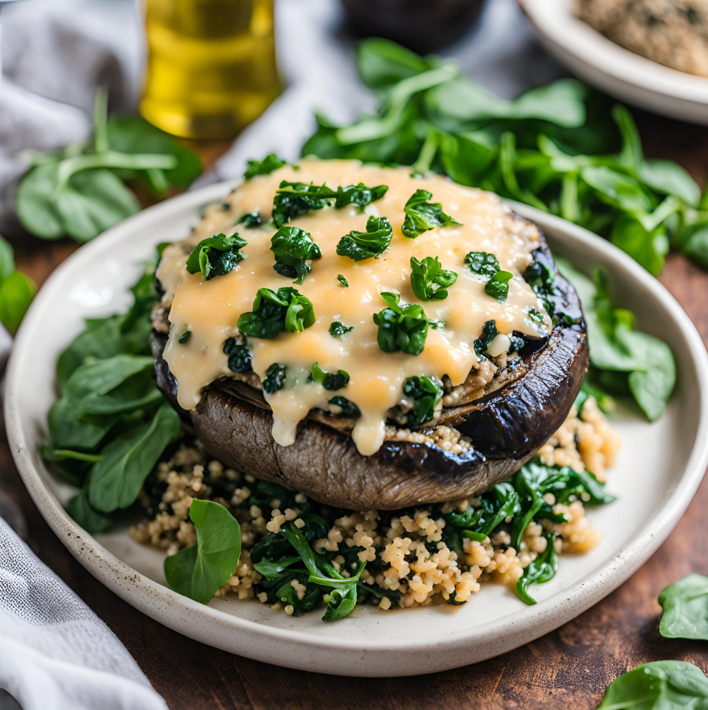 A cheesy stuffed Portobello mushroom with quinoa and spinach, plated over a bed of fresh greens.
