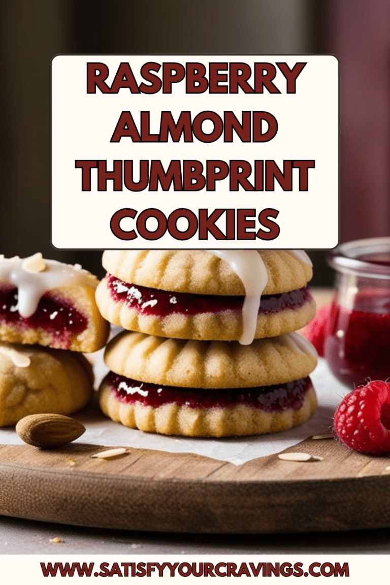 A stack of raspberry almond thumbprint cookies with a glossy raspberry filling, topped with almond drizzle, with bold text overlay reading "Raspberry Almond Thumbprint Cookies.