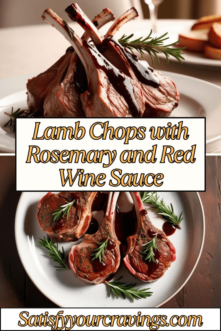 Pinterest pin showcasing lamb chops with rosemary and red wine sauce recipe from Satisfyyourcravings.com.