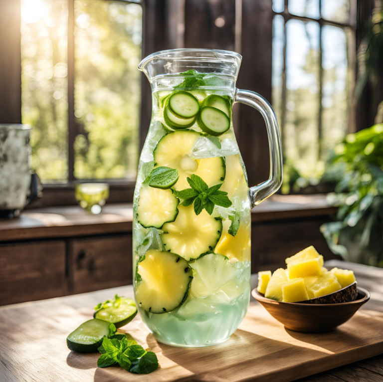 A glass pitcher of pineapple cucumber detox water filled with ice, fresh pineapple slices, cucumber rounds, and mint leaves, sitting on a wooden countertop in a bright kitchen.