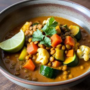 A bowl of lentil and vegetable curry with chunks of zucchini, carrots, and cauliflower, garnished with fresh cilantro and served with a lime wedge.