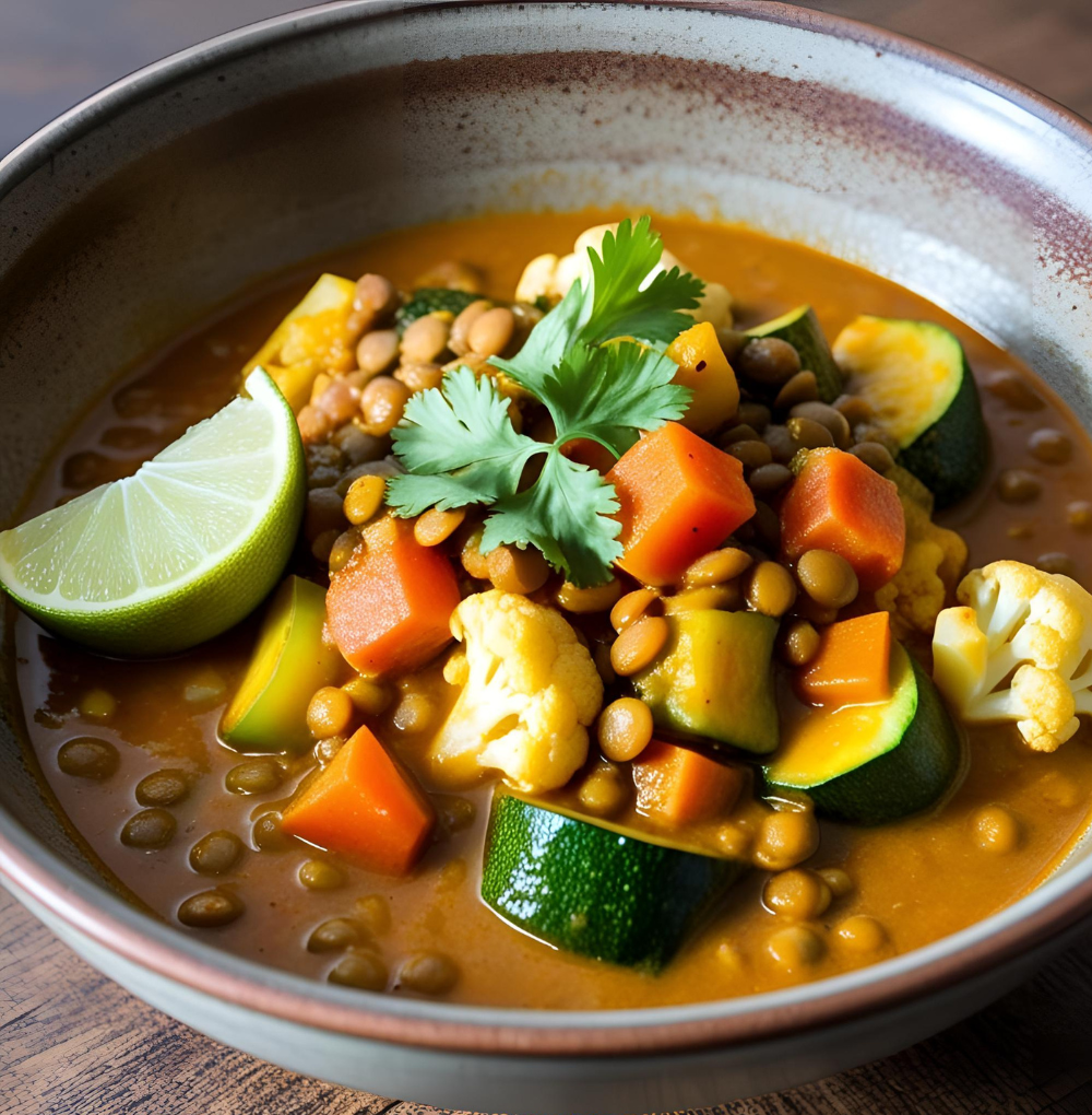 A bowl of lentil and vegetable curry with chunks of zucchini, carrots, and cauliflower, garnished with fresh cilantro and served with a lime wedge.