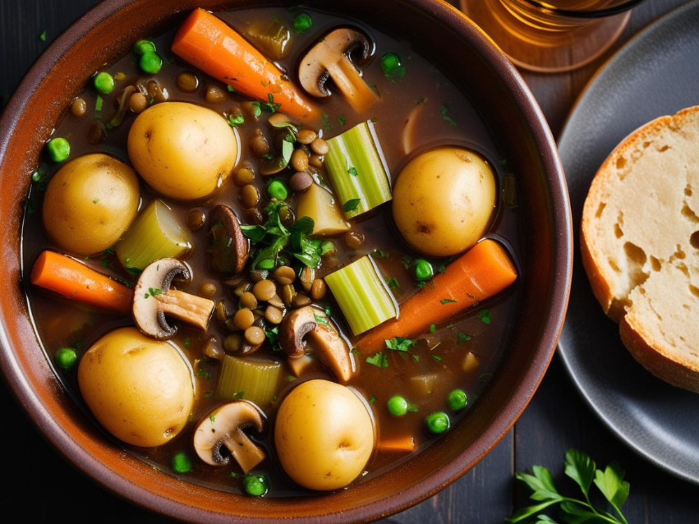 A bowl of Irish-inspired vegetable stew with whole baby potatoes, carrots, celery, mushrooms, and lentils, served with a slice of bread on a dark wooden table.
