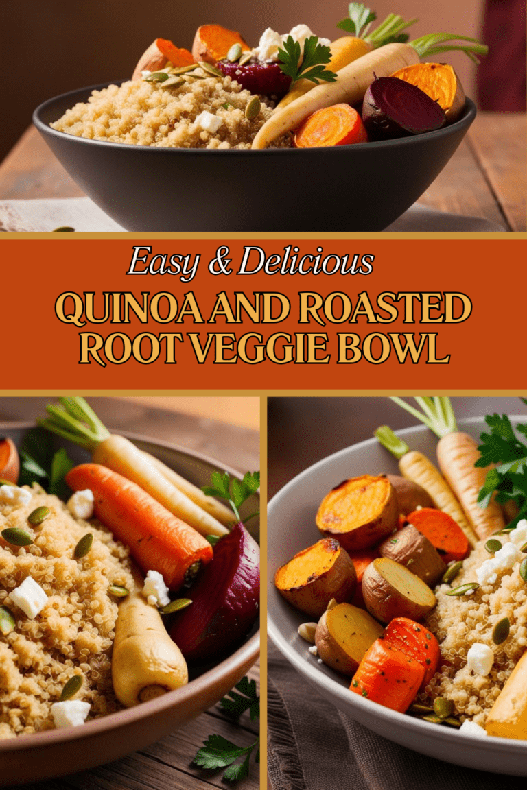 A beautifully plated quinoa and roasted root veggie bowl, featuring golden quinoa, roasted beets, carrots, parsnips, and garnished with feta cheese and pumpkin seeds.