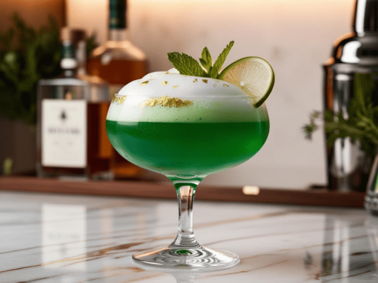 Emerald Isle Gin Fizz cocktail with foam, lime, mint, and gold flakes on a marble bar top.