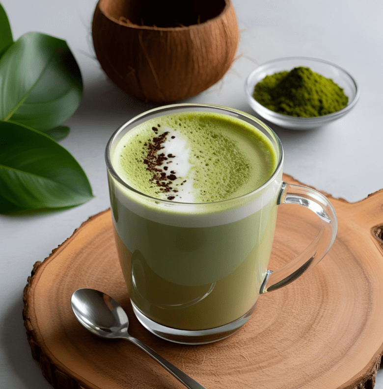 A creamy coconut matcha latte in a glass mug on a wooden coaster, garnished with foam and a dusting of matcha powder. A spoon and fresh green leaves are placed beside it.