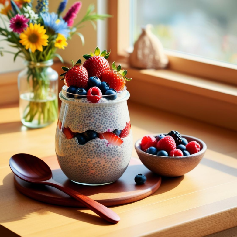 A glass jar filled with chia pudding, layered with fresh strawberries, blueberries, and raspberries, placed on a wooden kitchen counter with a small bowl of berries on the side.