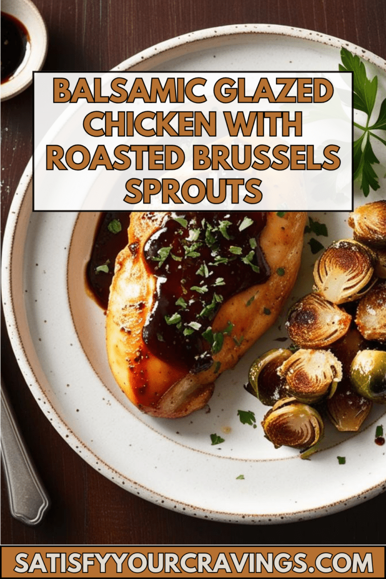 A juicy balsamic glazed chicken drumstick on a plate, served with roasted Brussels sprouts.
