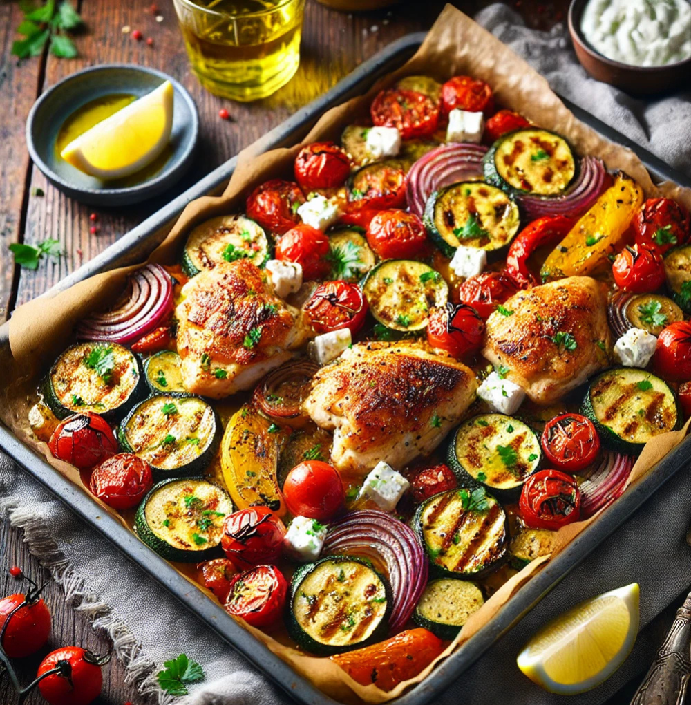A sheet pan filled with roasted chicken thighs, cherry tomatoes, zucchini slices, red onions, and feta cheese, garnished with fresh herbs.