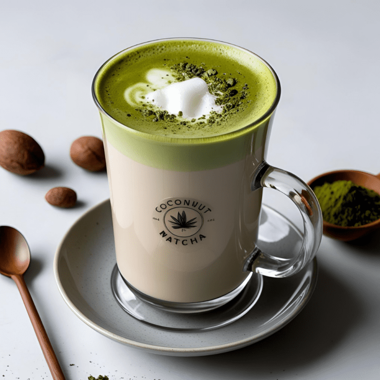 A branded coconut matcha latte in a tall glass mug, featuring a dollop of coconut foam and a sprinkle of matcha powder, served on a neutral plate with nuts.