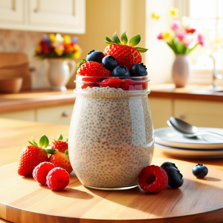 A glass jar filled with chia pudding, layered with fresh strawberries, blueberries, and raspberries, placed on a wooden kitchen counter with a small bowl of berries on the side.