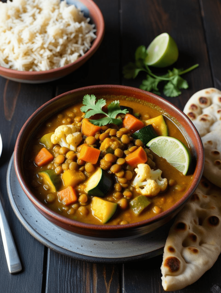 A vibrant lentil and vegetable curry in a bowl, surrounded by fresh lime, cilantro, and soft naan.