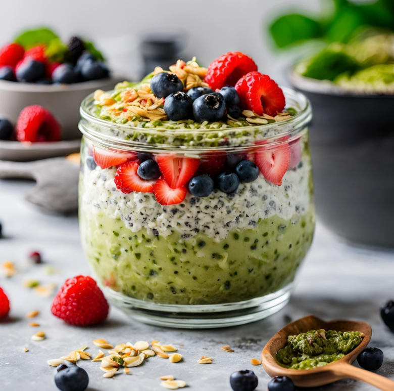 A spoonful of green matcha overnight oats with fresh fruit, held above a breakfast table.