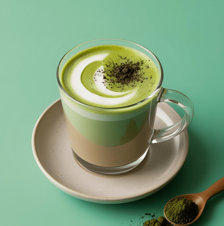 A layered coconut matcha latte in a glass mug, served on a beige ceramic plate, with a green background and a spoonful of matcha powder beside it.