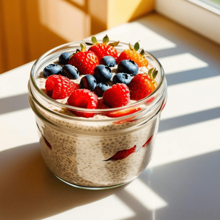 A short, wide glass jar filled with creamy chia pudding, topped with fresh strawberries, blueberries, and raspberries on a sunlit windowsill.