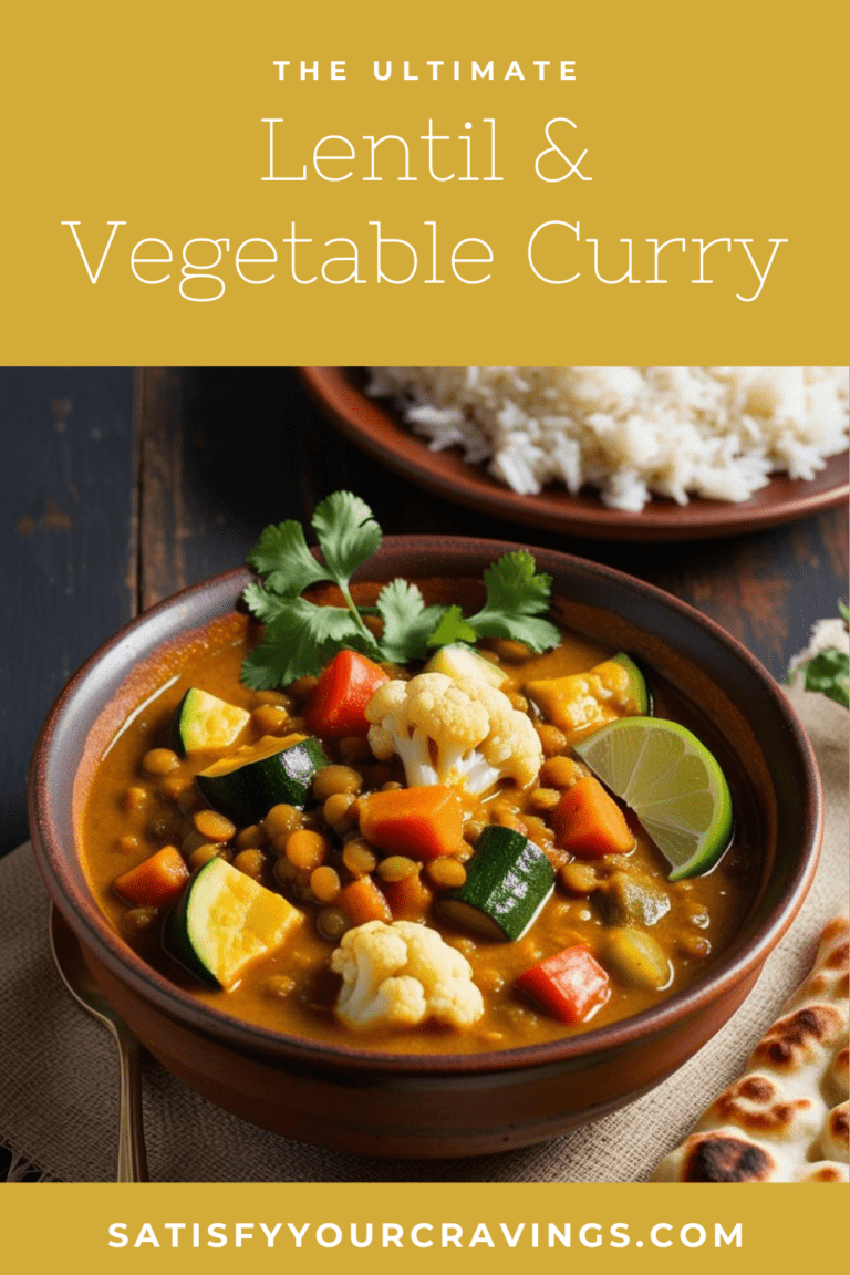 A bowl of lentil and vegetable curry with zucchini, carrots, and cauliflower, garnished with cilantro and lime, with a plate of rice in the background. The image has a text overlay that reads "The Ultimate Lentil & Vegetable Curry" and "SatisfyYourCravings.com."