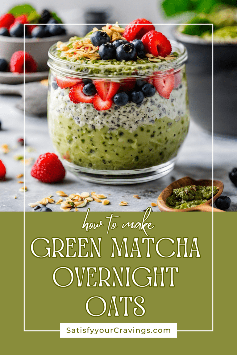 A vibrant glass bowl of creamy green matcha overnight oats topped with fresh strawberries, blueberries, granola, and a drizzle of honey, placed on a light-colored countertop with scattered oats and fruit. The text overlay reads, "How to Make Green Matcha Overnight Oats - SatisfyYourCravings.com."