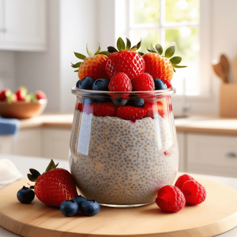 A tall glass jar of chia pudding layered with fresh strawberries, blueberries, and raspberries, set on a round wooden board in a bright kitchen.