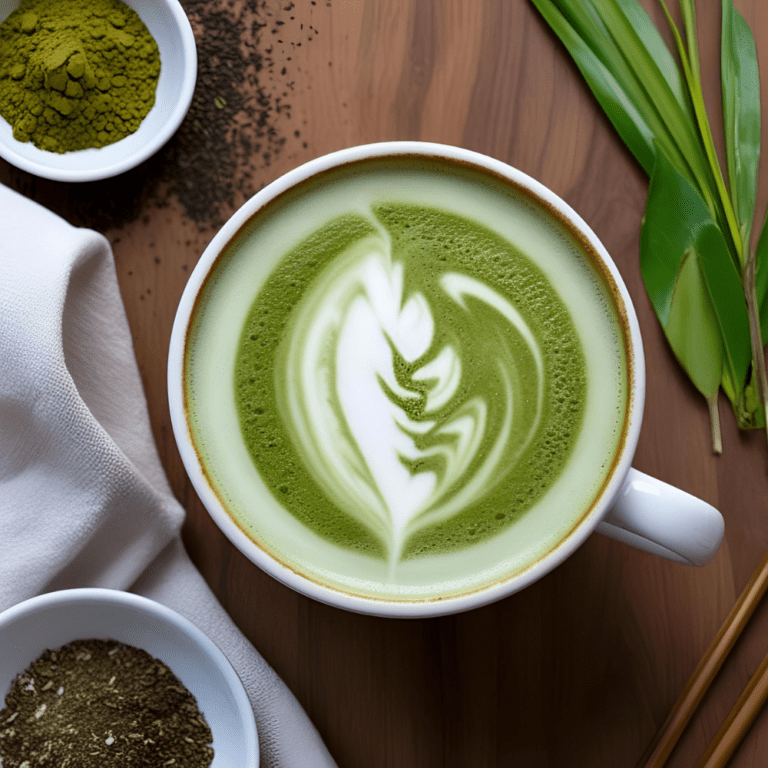 A top-down view of a creamy coconut matcha latte in a white ceramic cup, featuring intricate latte art, surrounded by matcha powder, tea leaves, and green plant leaves.