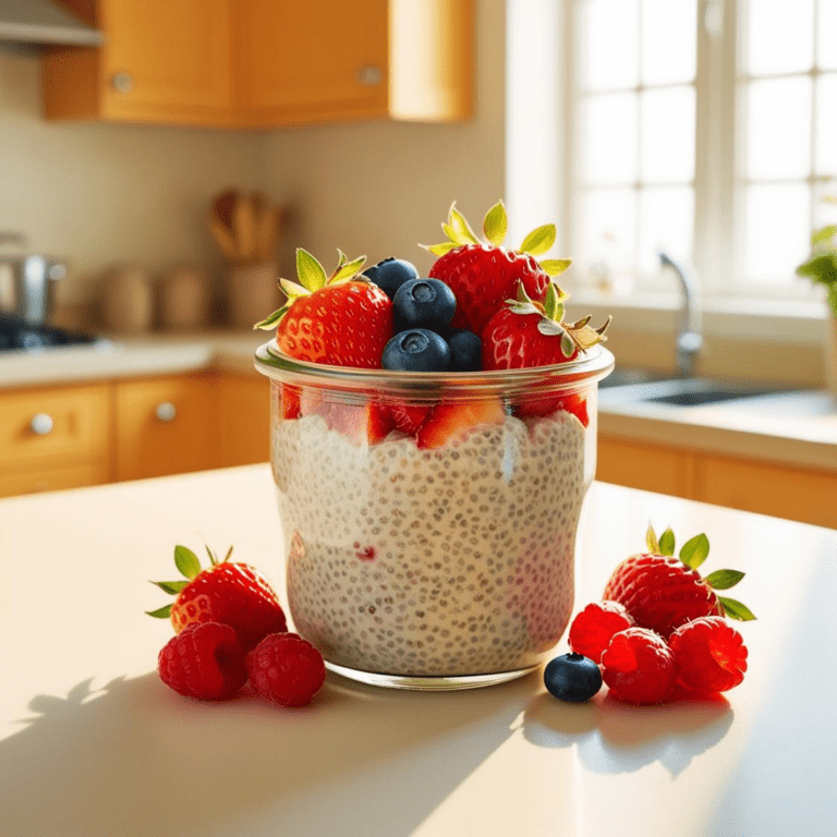 A short, round glass jar of chia pudding with strawberries partially submerged in the pudding, topped with blueberries and raspberries, sitting on a well-lit kitchen countertop.