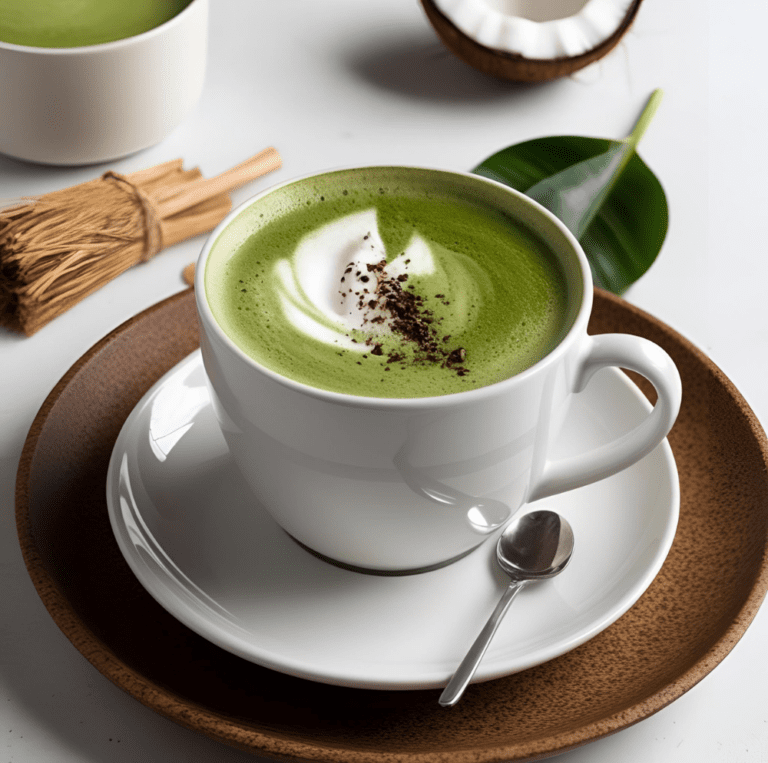 A warm coconut matcha latte served in a white ceramic cup on a brown-rimmed plate, accompanied by a traditional bamboo whisk and a coconut half.