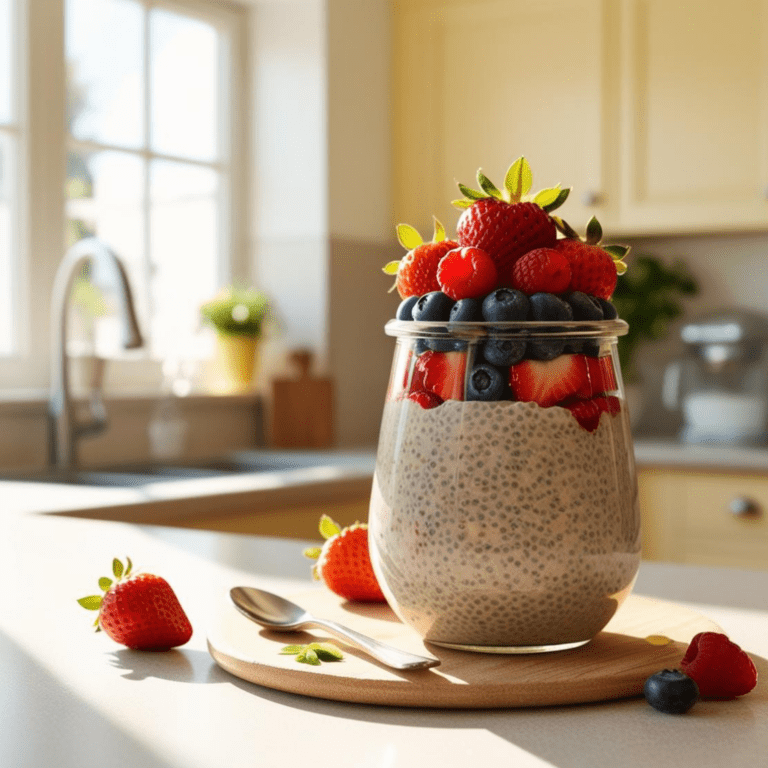 A tall jar of chia pudding layered with strawberries, blueberries, and raspberries, placed on a small wooden board with a spoon in a sunny kitchen.