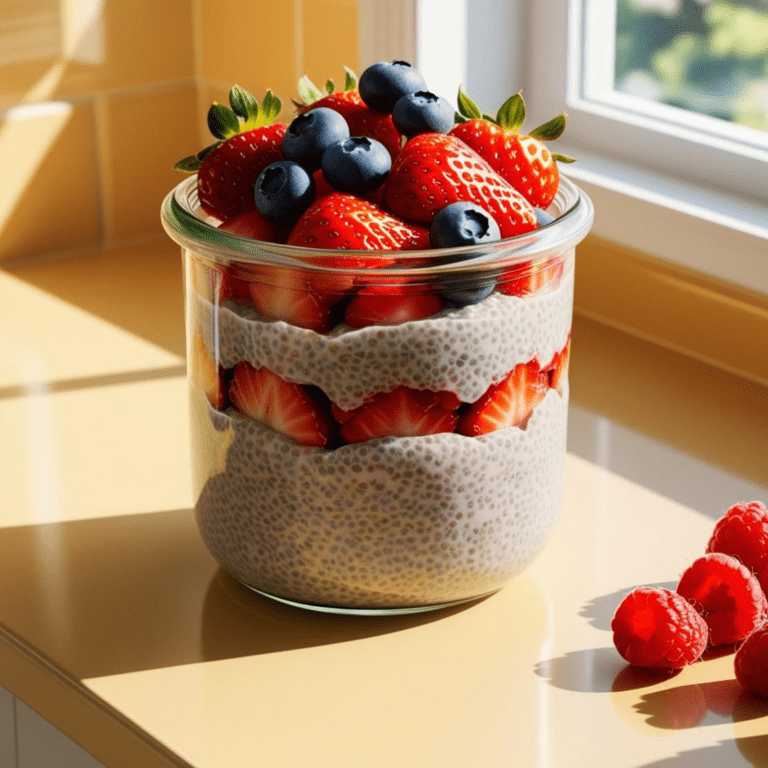 A short, wide glass jar with chia pudding layered with sliced strawberries and topped with blueberries, raspberries, and more strawberries, on a yellow countertop.