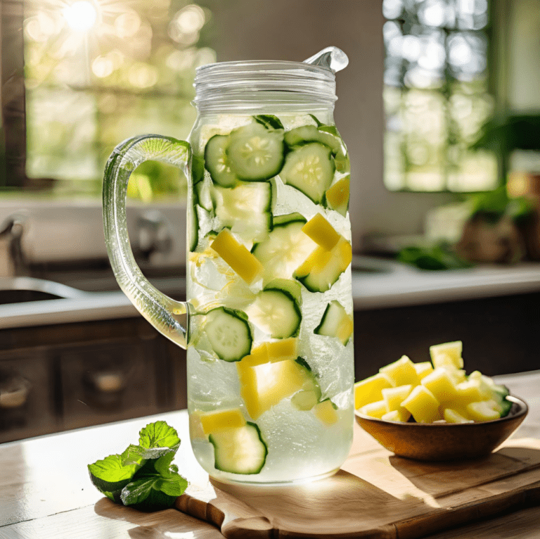 A close-up of a tall glass pitcher filled with pineapple and cucumber detox water, set on a kitchen counter with natural sunlight streaming through the window.