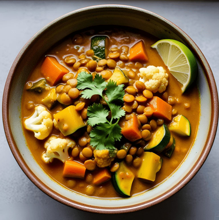 A top-down view of a lentil and vegetable curry bowl, garnished with fresh cilantro and served with a lime wedge.