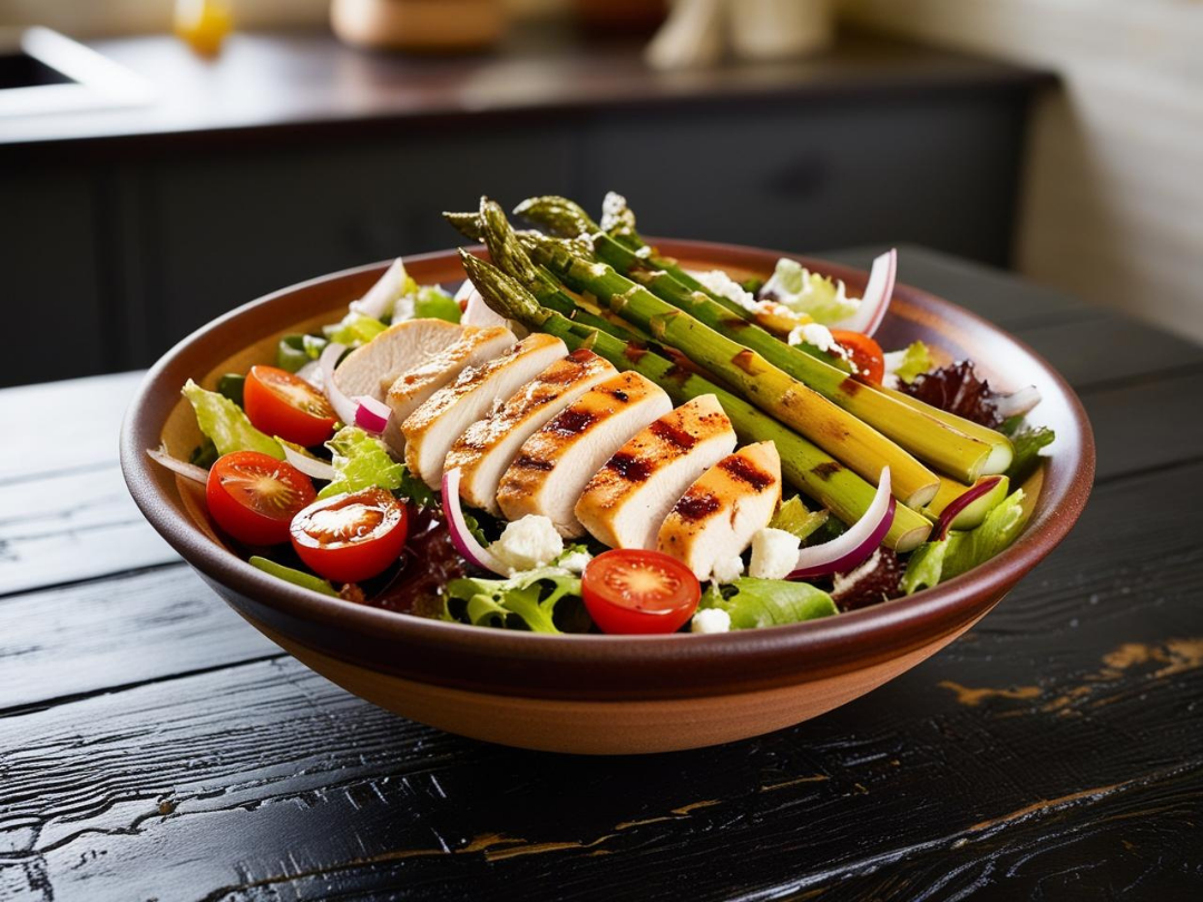 A side-angle view of a grilled chicken and asparagus salad in a ceramic bowl, placed on a dark wooden table with fresh greens and tomatoes.