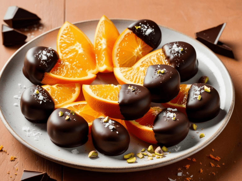 A plate of chocolate-dipped orange wedges sprinkled with flaky sea salt and crushed pistachios, arranged on a neutral-toned plate.