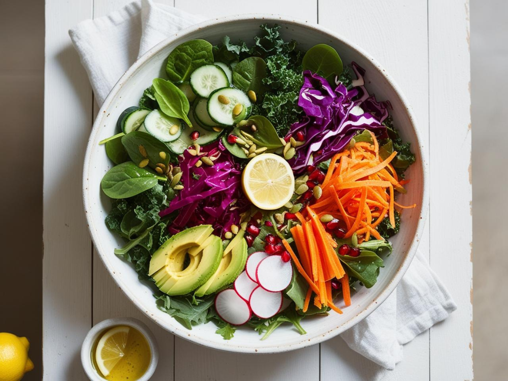 A colorful bowl of detox salad filled with fresh greens, sliced cucumbers, shredded carrots, avocado, purple cabbage, radishes, and pomegranate seeds, garnished with a lemon wedge.
