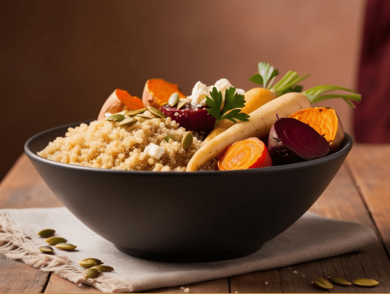 Close-up of a quinoa and roasted vegetable bowl, featuring vibrant roasted beets, carrots, and parsnips on a rustic wooden table.