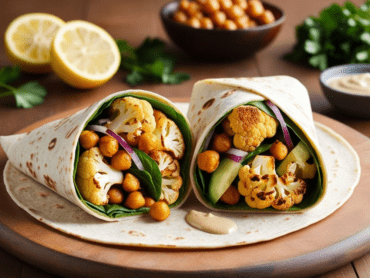 Two roasted cauliflower and chickpea wraps laid flat on a wooden board with fresh herbs and tahini dip.