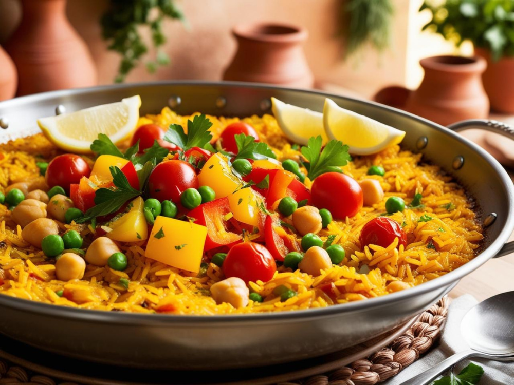 Close-up of chickpea paella with yellow peppers, cherry tomatoes, peas, and parsley. Title: Hearty Vegan Paella with Peppers & Peas
