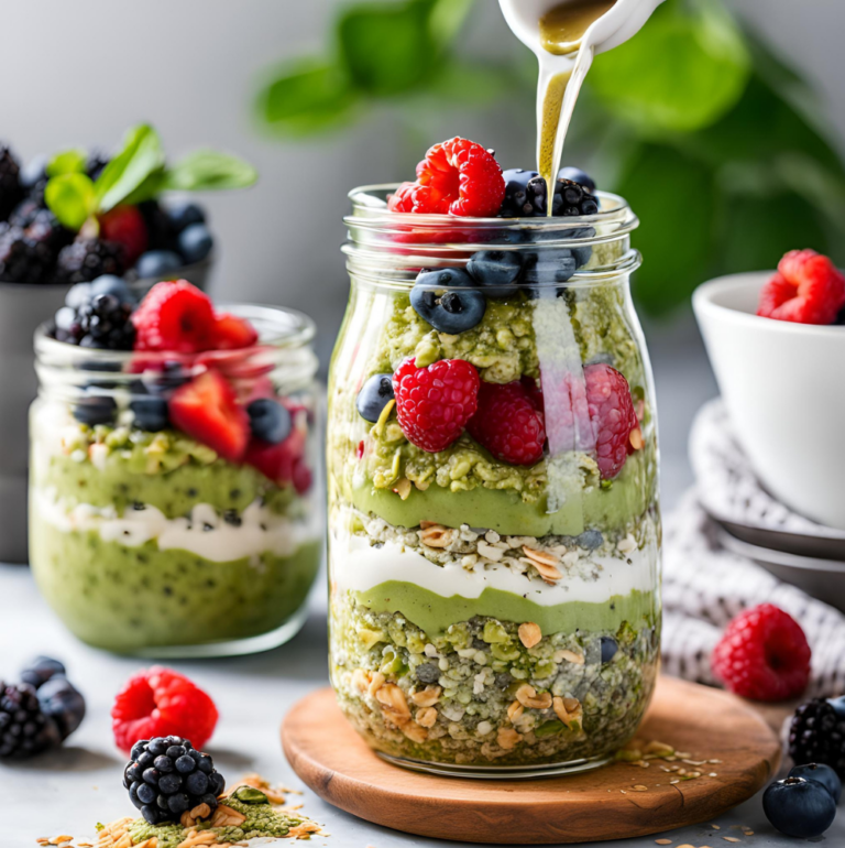 A layered matcha overnight oats jar with raspberries, blueberries, and a drizzle of honey.