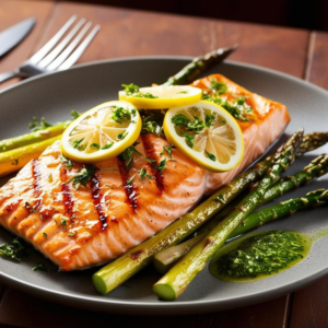 A close-up of a grilled salmon fillet with asparagus, garnished with lemon and fresh herbs.