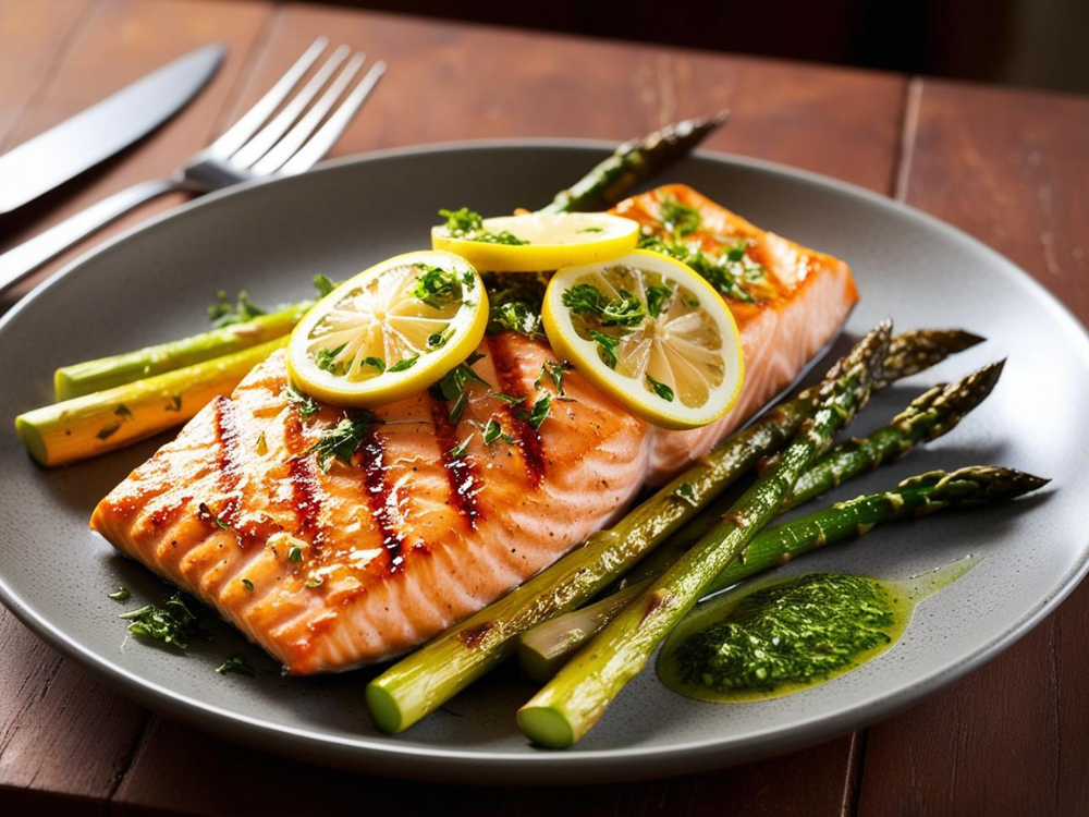 A close-up of a grilled salmon fillet with asparagus, garnished with lemon and fresh herbs.