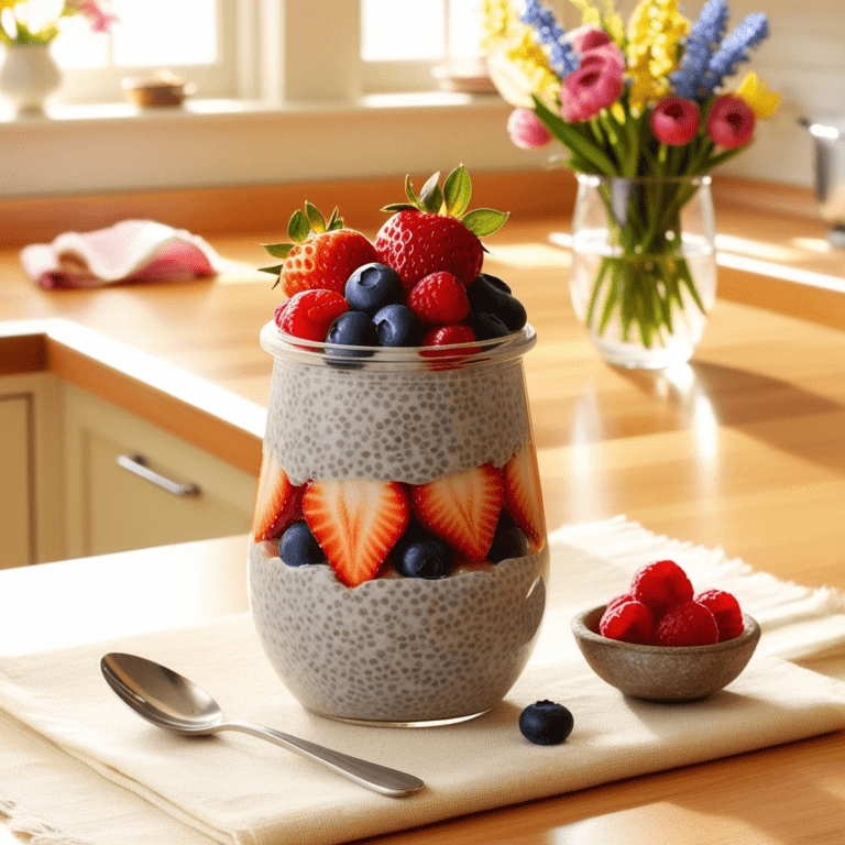A glass jar filled with chia pudding, layered with fresh strawberries, blueberries, and raspberries, placed on a wooden kitchen counter with a small bowl of berries on the side.