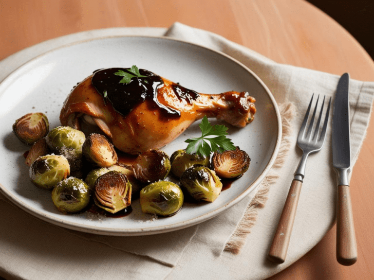 A top-down view of a balsamic glazed chicken breast with roasted Brussels sprouts on a rustic plate.