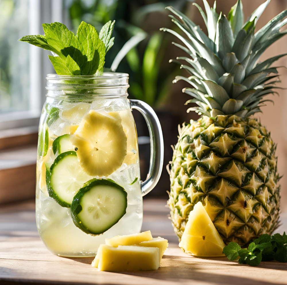 A mason jar filled with pineapple cucumber detox water, garnished with fresh mint leaves, next to a whole pineapple on a wooden surface.