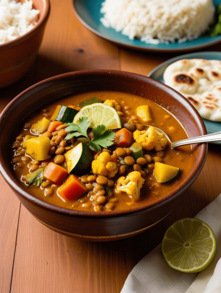 A bowl of lentil and vegetable curry served with a side of rice and naan, garnished with cilantro and lime.