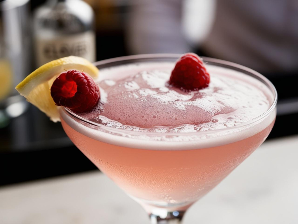 A Clover Club Lite Cocktail served in a coupe glass, garnished with a raspberry and a lemon slice, with a blurred bar background.