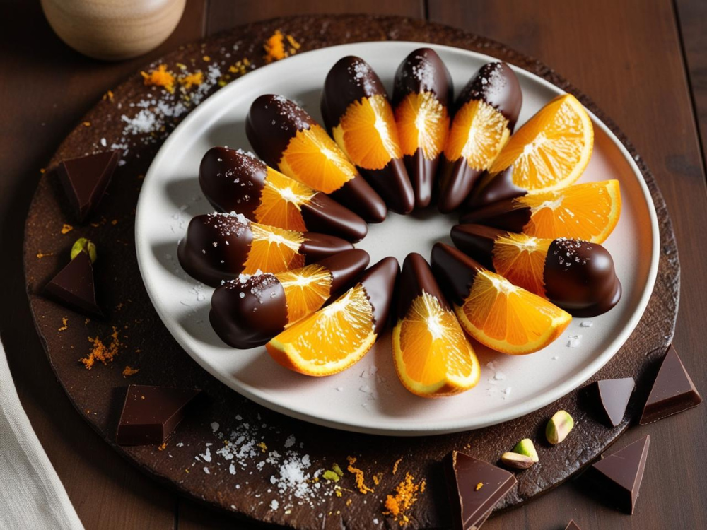 A white plate filled with neatly arranged chocolate-dipped orange slices, garnished with sea salt and orange zest on a rustic dark background.