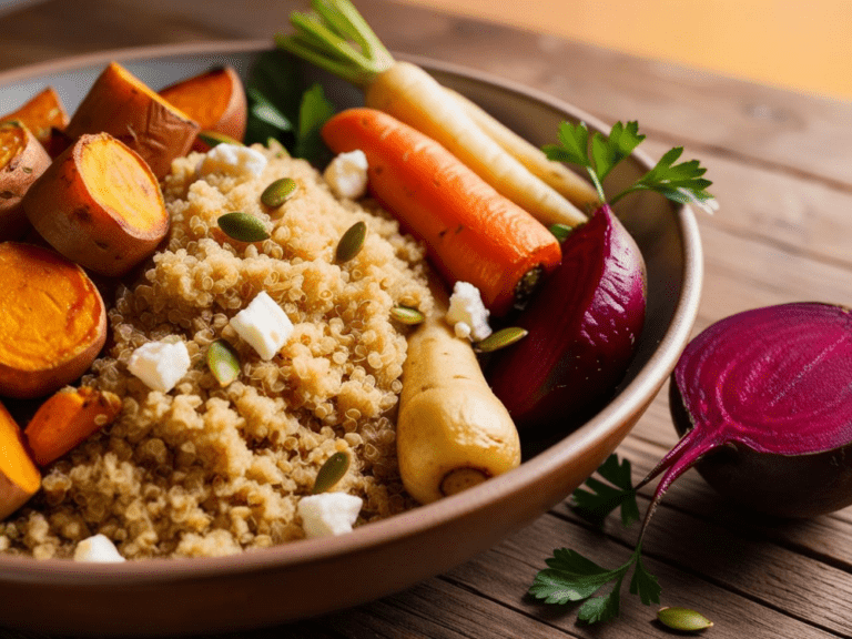 Overhead view of a quinoa and roasted root vegetable bowl, with a variety of colorful veggies and garnishes.