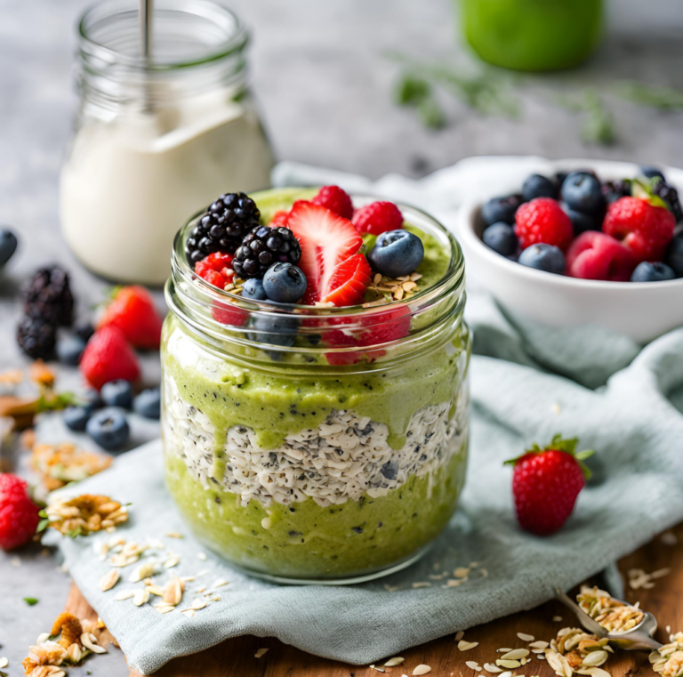 A close-up of creamy matcha overnight oats topped with blackberries, strawberries, and a sprinkle of granola.