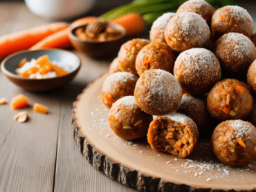 A large pile of carrot cake energy balls, dusted with coconut and stacked on a wooden slab, surrounded by fresh ingredients like carrots and honey.