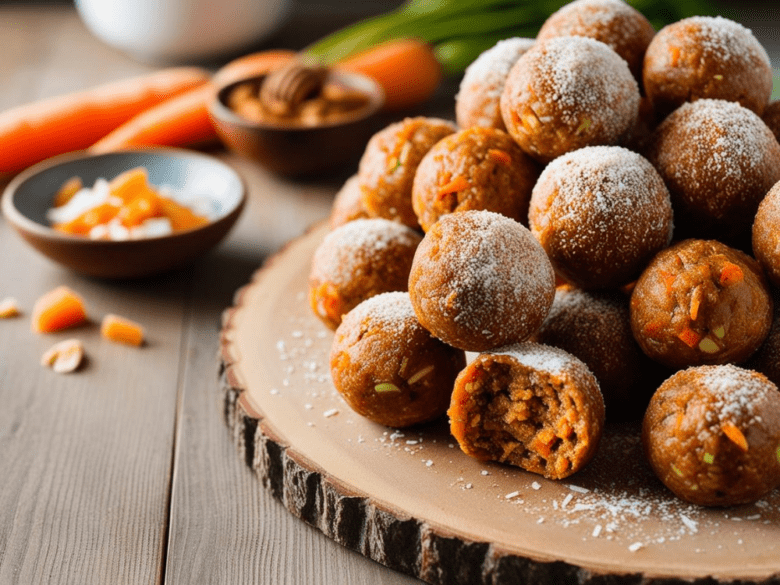 A large pile of carrot cake energy balls, dusted with coconut and stacked on a wooden slab, surrounded by fresh ingredients like carrots and honey.