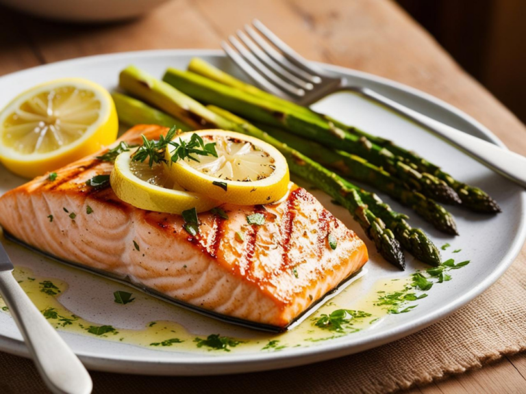 A white plate with grilled salmon, asparagus, and a drizzle of herb sauce.