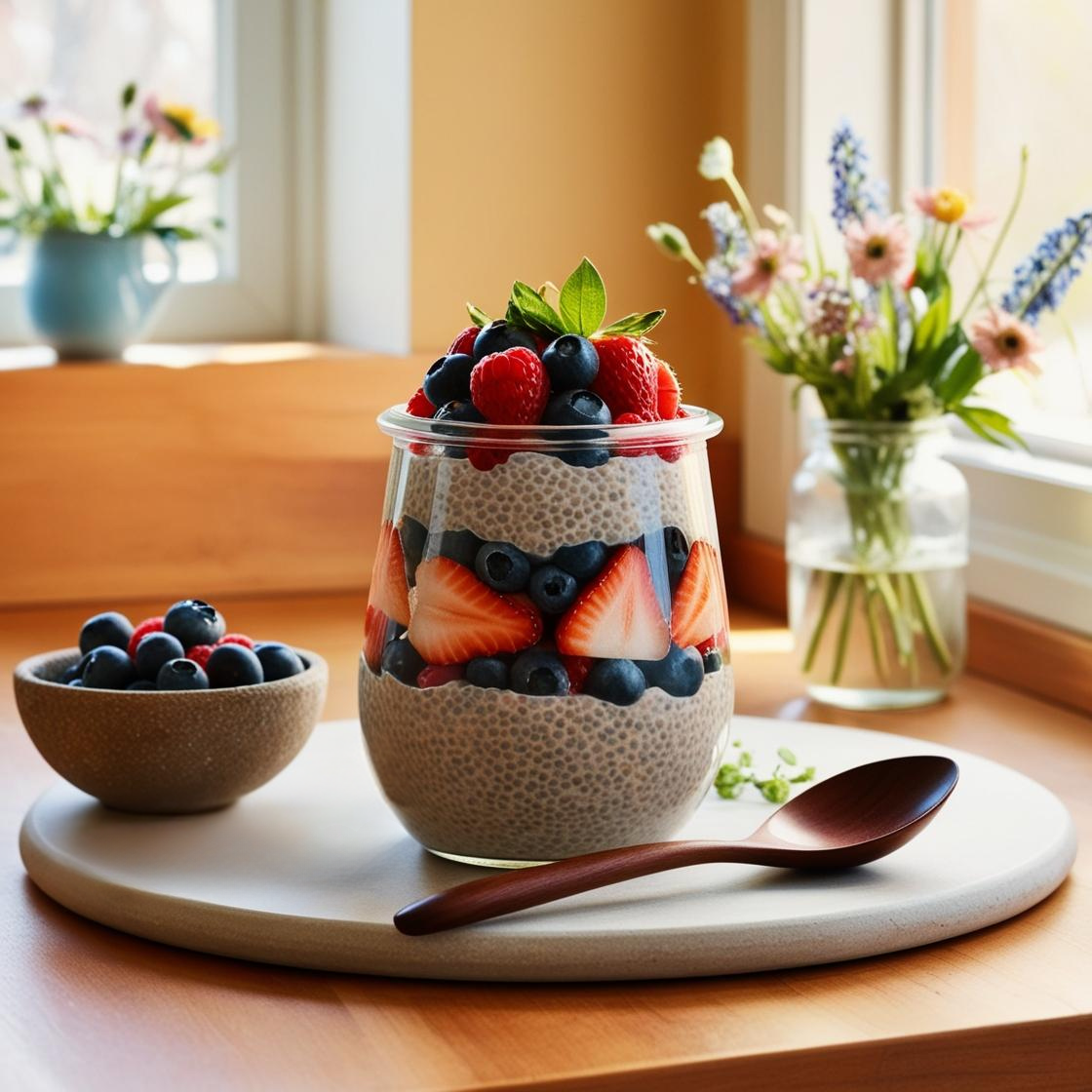 A glass jar filled with chia pudding, layered with fresh strawberries, blueberries, and raspberries, placed on a wooden kitchen counter with a small bowl of berries on the side.